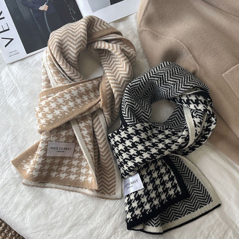 Houndstooth And Wave Pattern Print Scarf Women's Winter Korean Style F