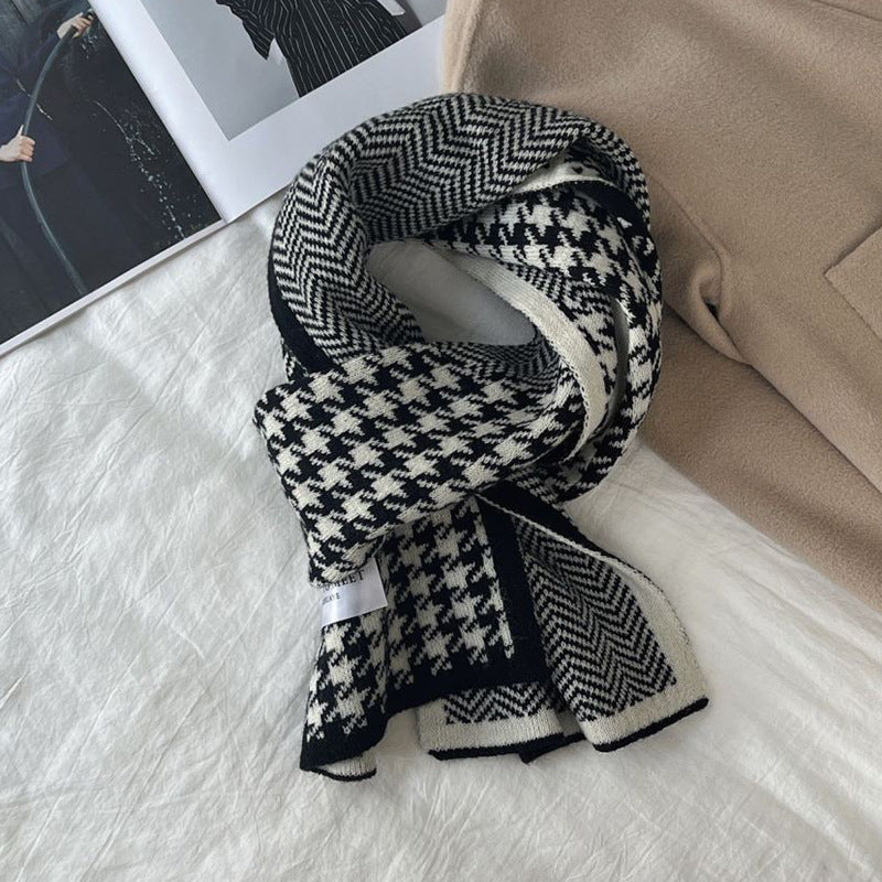 Houndstooth And Wave Pattern Print Scarf Women's Winter Korean Style F