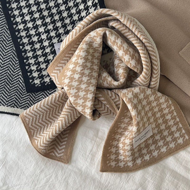 Houndstooth And Wave Pattern Print Scarf Women's Winter Korean Style F